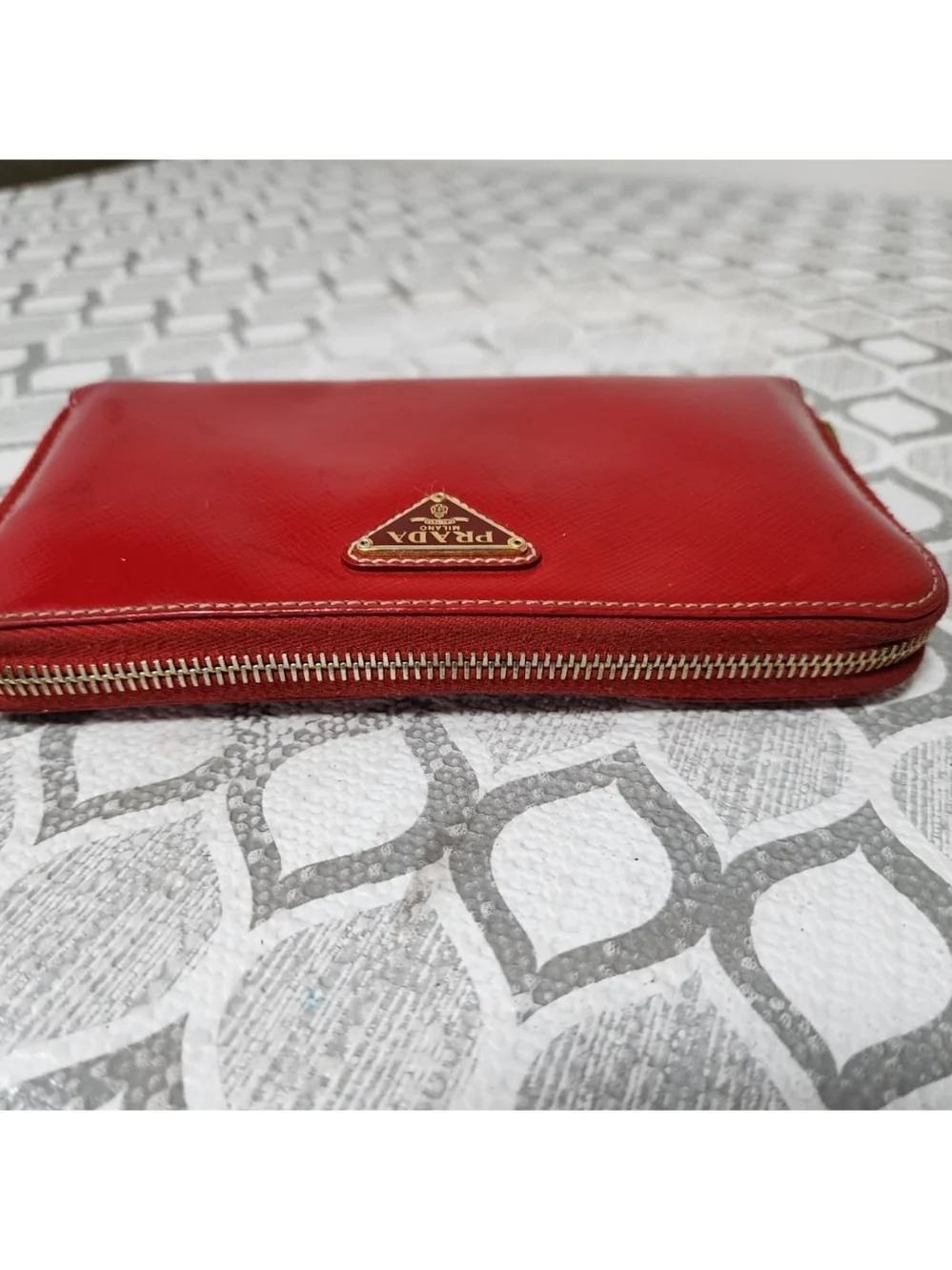 PRADA Patent Saffiano Triangle Large Zip Around Travel Wallet Red
